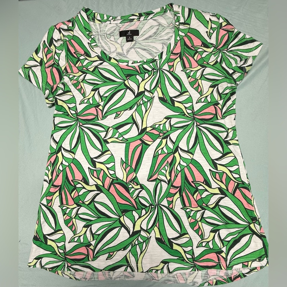 Jason Wu Green and Pink Leaf Print Short Sleeve Top